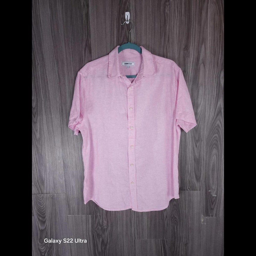 Crown & Ivy Mens Pink White Stripe Linen Cotton Short Sleeve Button Down Shirt M